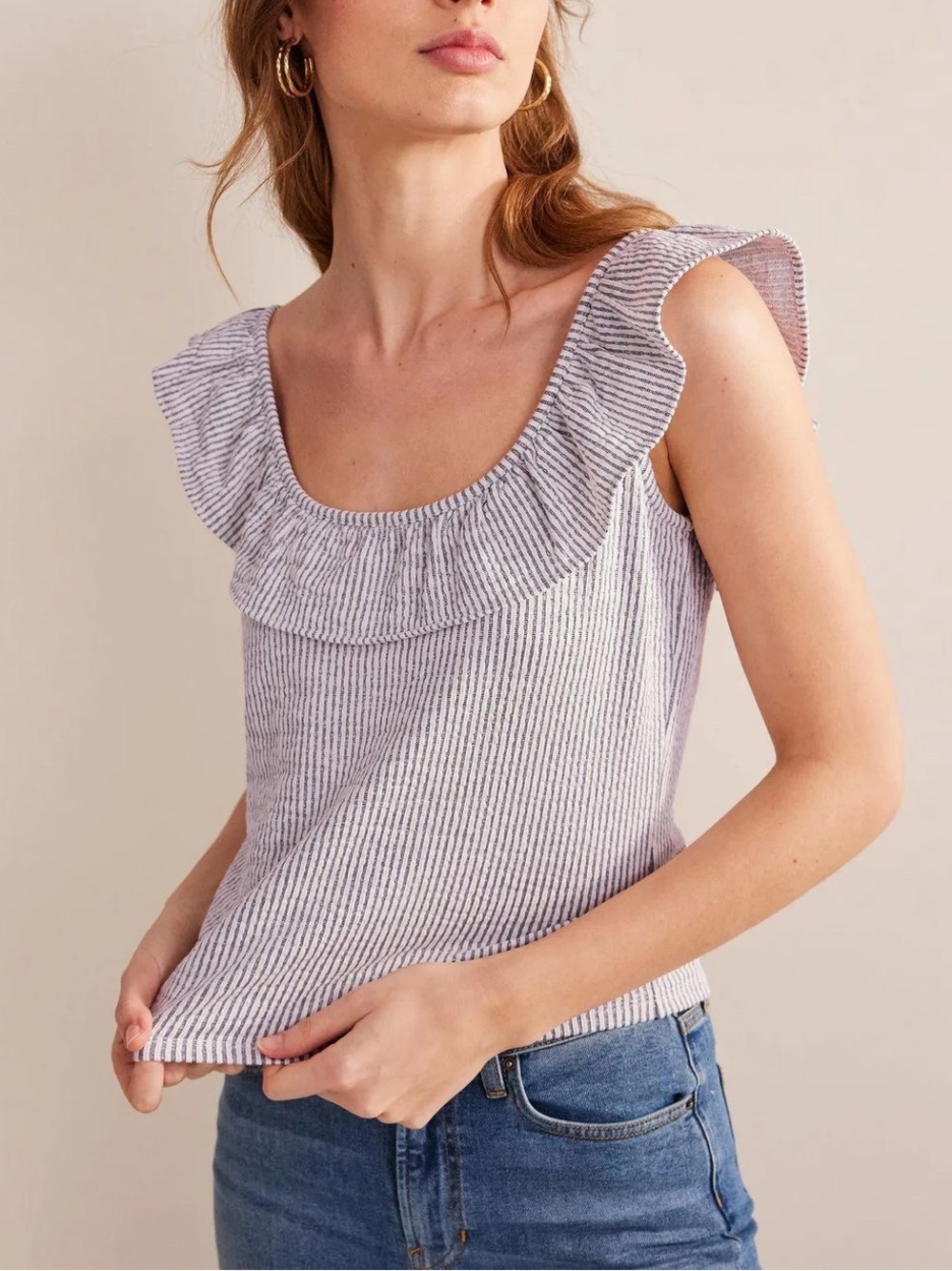 Boden Seersucker Frill Stripe Top Size 8